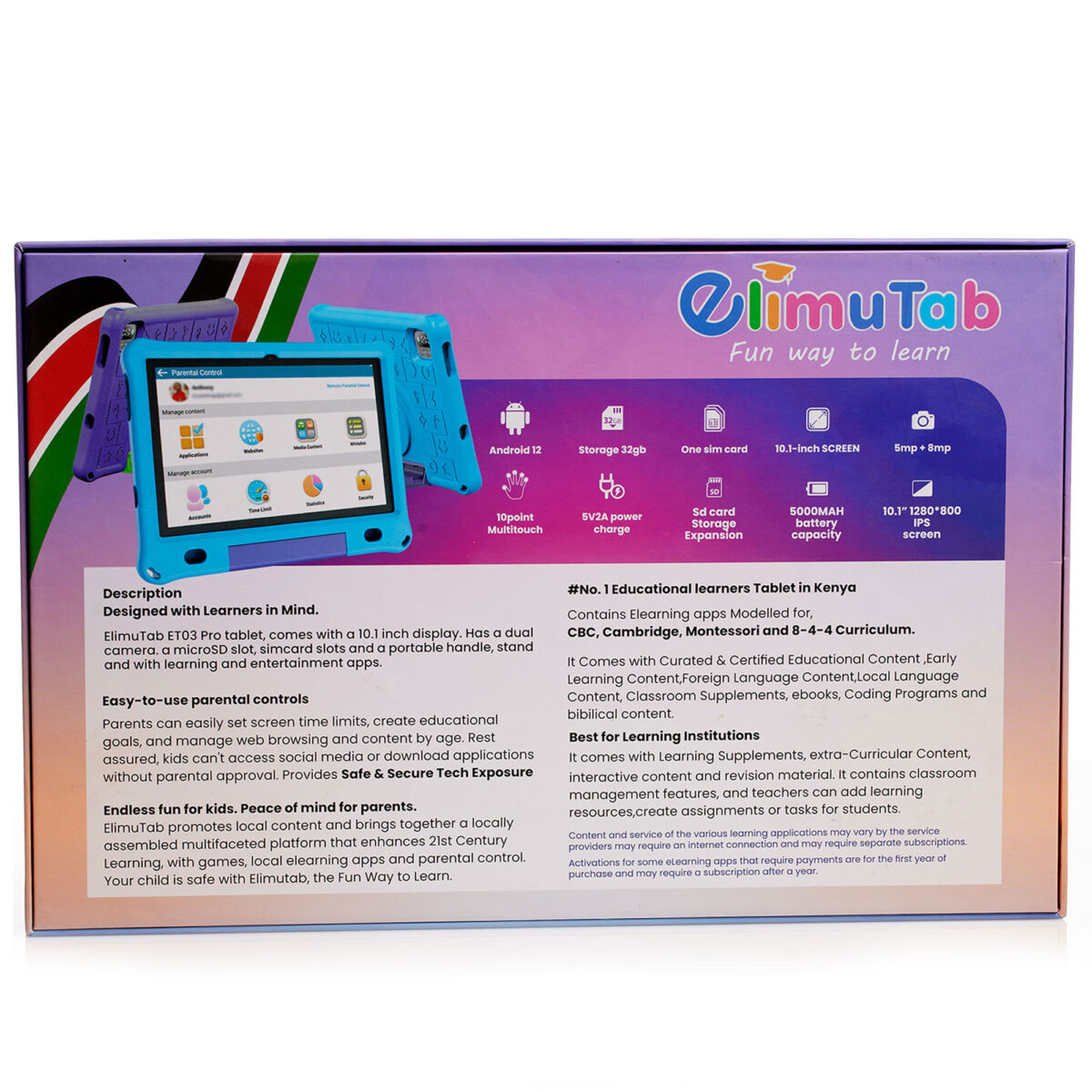 Elimutab ET03 Pro 2GB Memory 32GB Storage Educational Tablet Android 12 10.1 inch (1280 x 800) Display