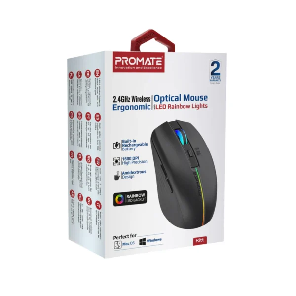 Promate Kitt 2.4GHz Wireless Ergonomic Optical Mouse with LED Rainbow Lights
