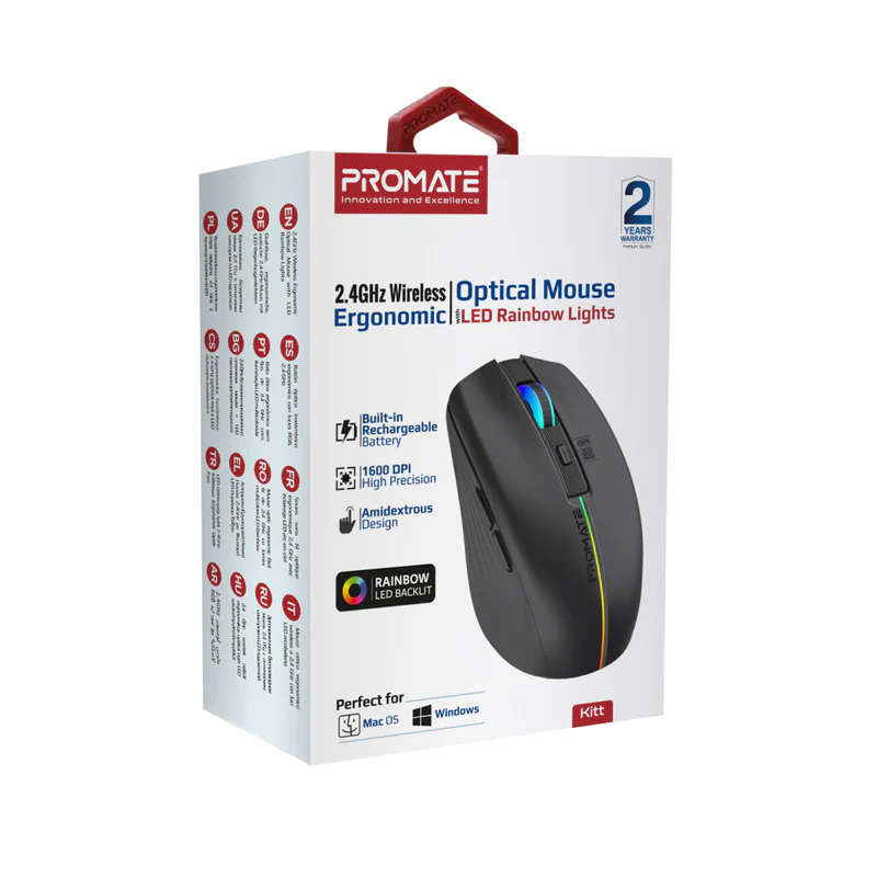 Promate Kitt 2.4GHz Wireless Ergonomic Optical Mouse with LED Rainbow Lights