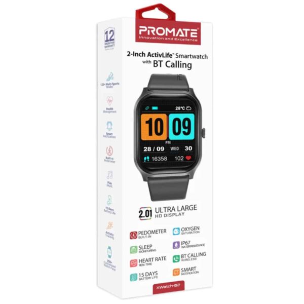 Promate Xwatch-B2 with 2.01-Inch Ultra Large Display ActivLife SmartWatch with BT Calling