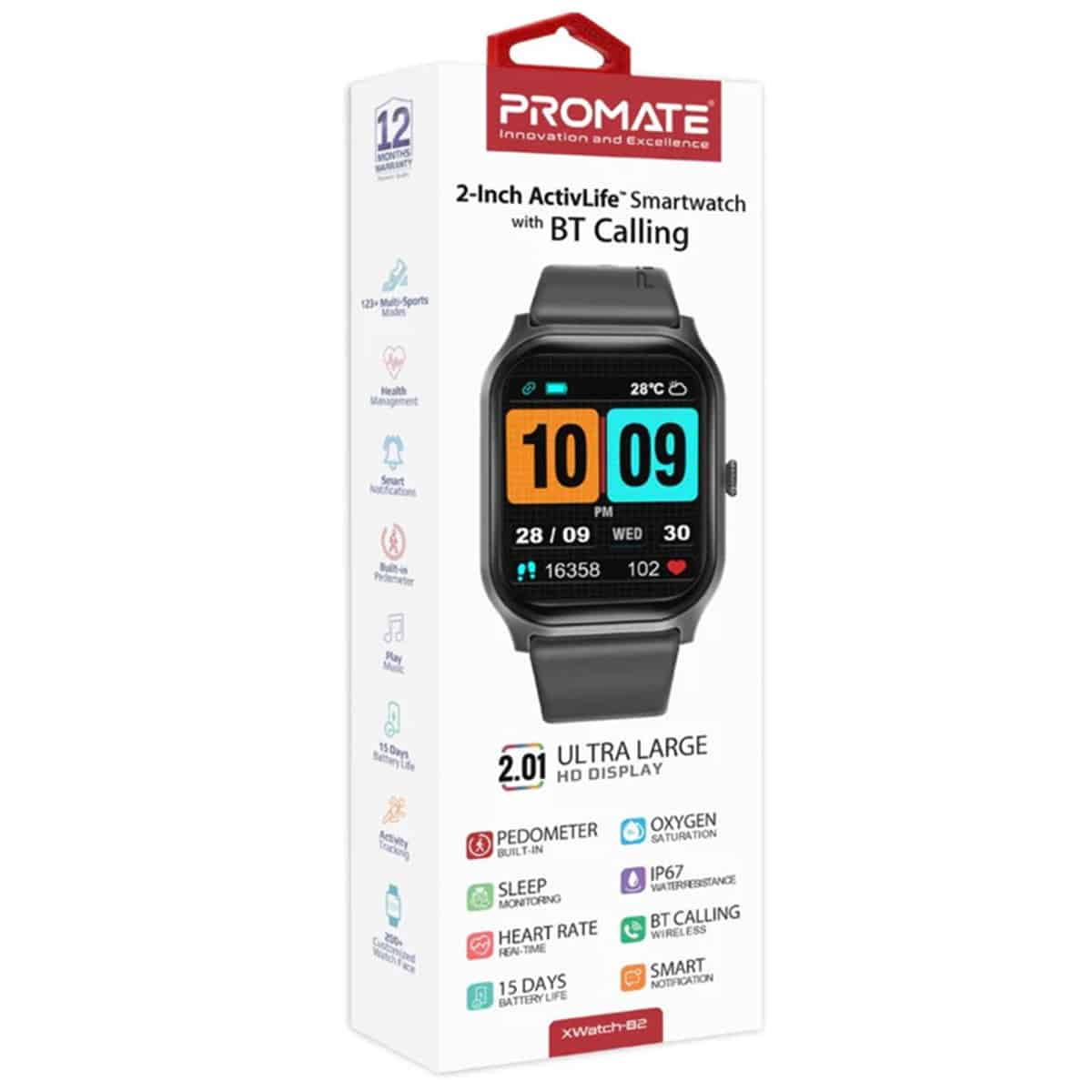 Promate Xwatch-B2 with 2.01-Inch Ultra Large Display ActivLife SmartWatch with BT Calling