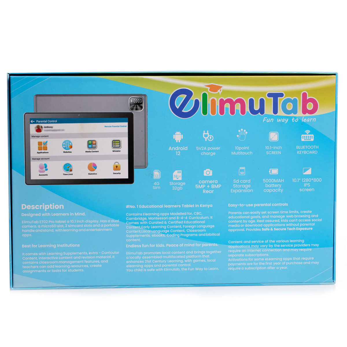 Elimutab ET02 Pro 2GB RAM 32GB Storage Educational Tablet Android 12 10.1 inch (1280×800) Display