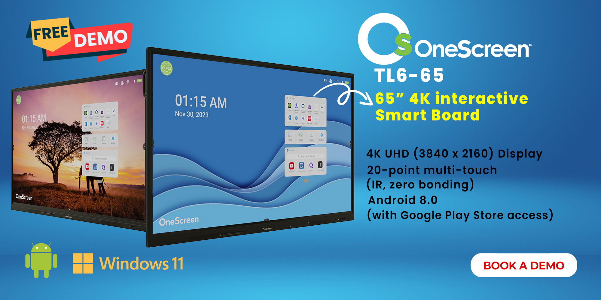 Blue promo banner for OneScreen TL6-65 65-inch 4K interactive smart board with a Free Demo badge and Windows 11 and Android logos