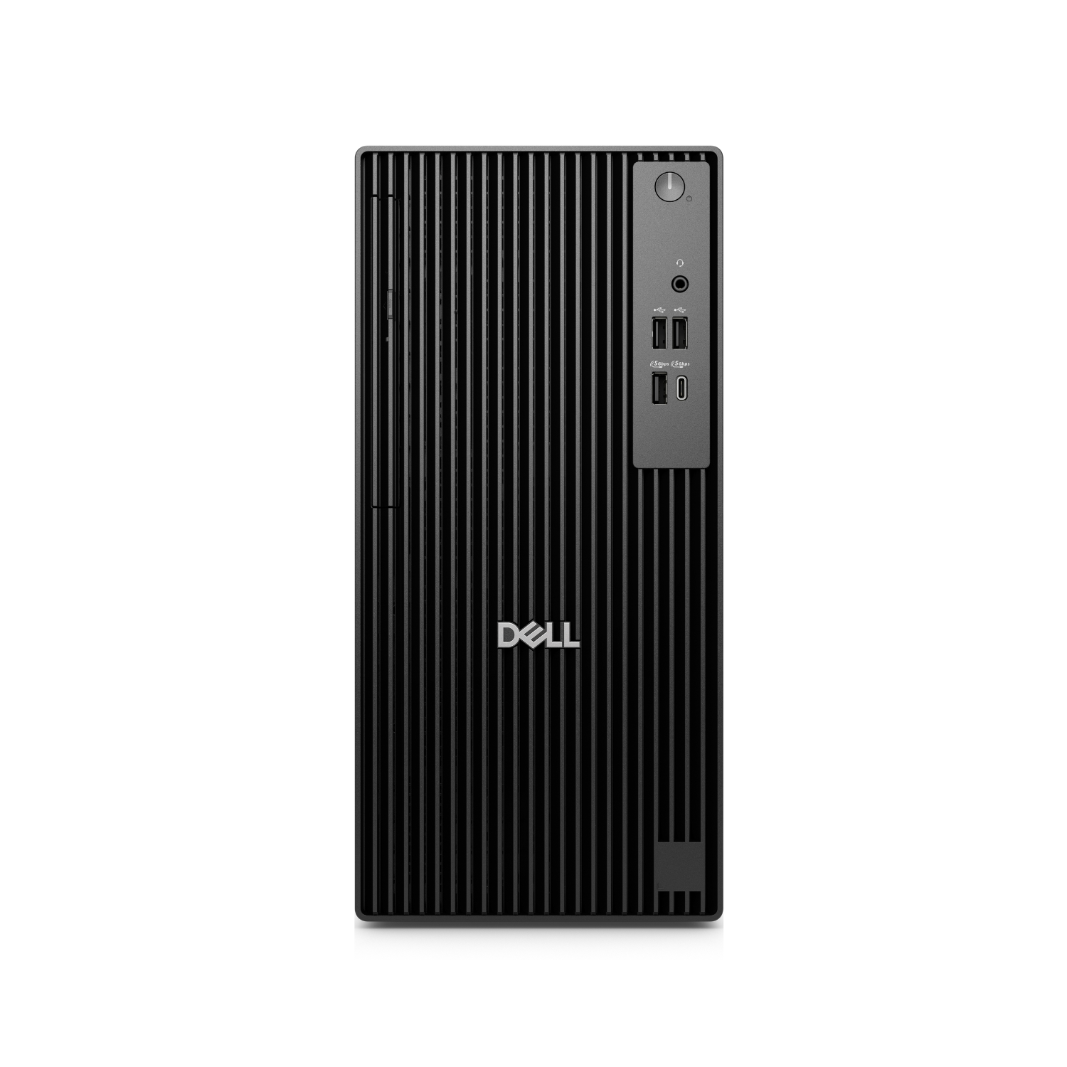 Front view of a Dell desktop tower with tall vertical vents and a right-side panel containing power button, audio jack, and USB ports