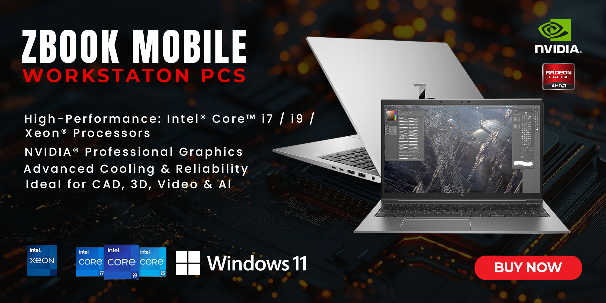 ZBOOK Mobile Workstation banner showing laptops, Nvidia and Radeon logos, Windows 11, and a red Buy Now button.