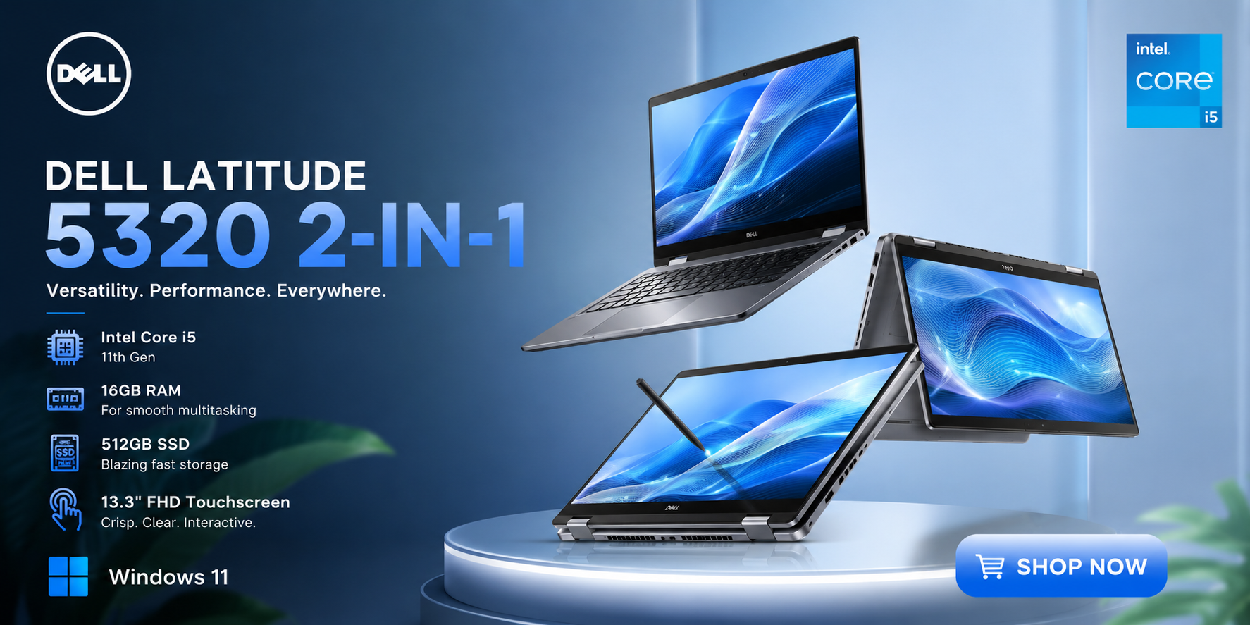 Dell Latitude 5320 2-IN-1 promotional banner with multiple convertible laptops on blue background (Windows 11, Shop Now button)