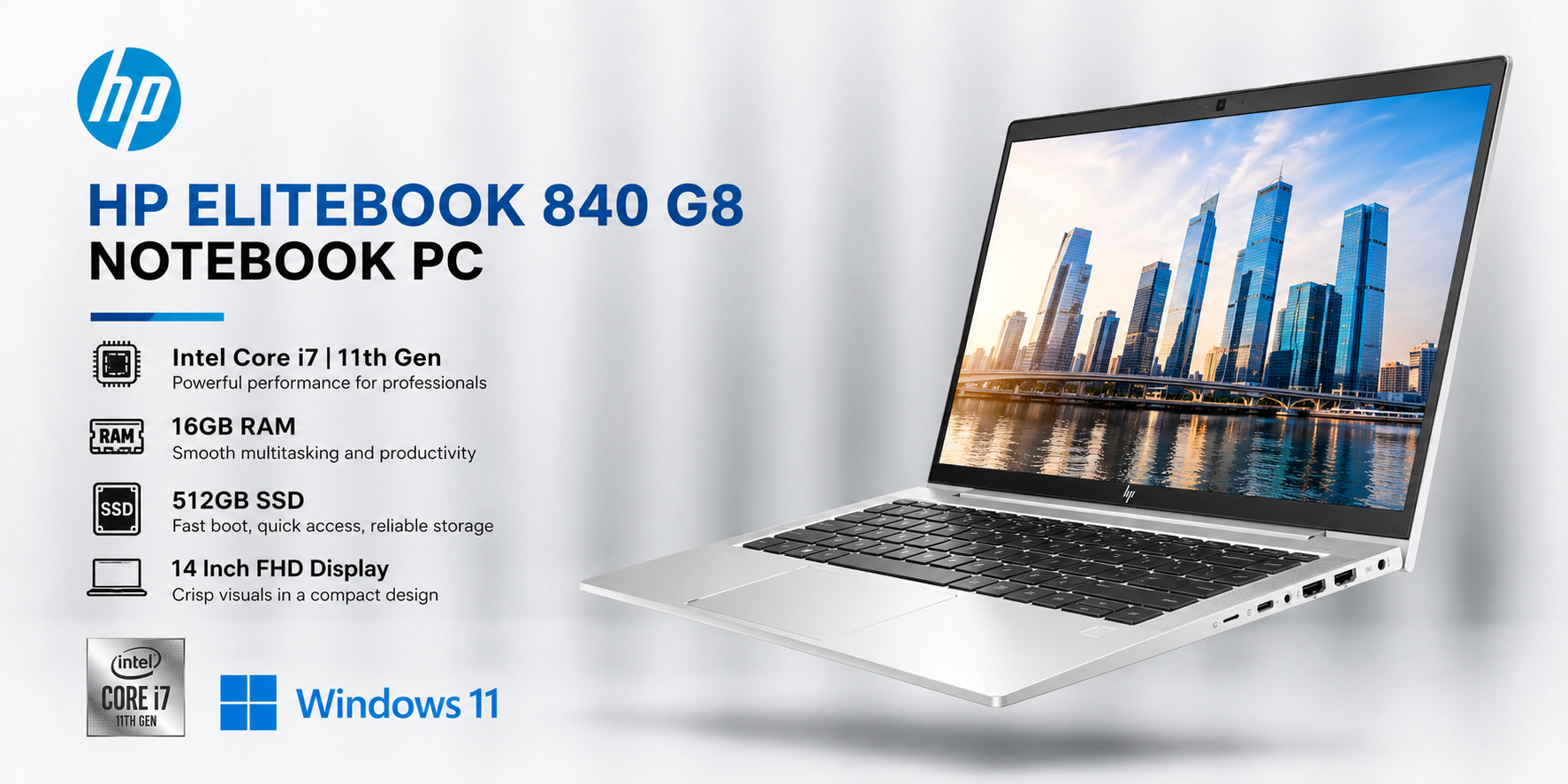HP EliteBook 840 G8 notebook; screen shows a city skyline with specs listed on the left (i7 11th Gen, 16GB RAM, 512GB SSD, 14" display).