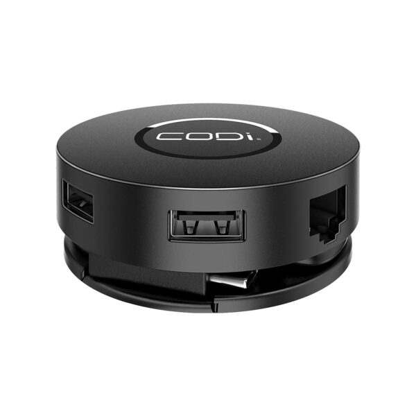 Circular black CODi USB hub with one USB-A port and an Ethernet (RJ-45) port.