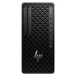 Black HP desktop tower with a diamond-patterned front grille and front I/O cluster on the right (USB ports, power button).
