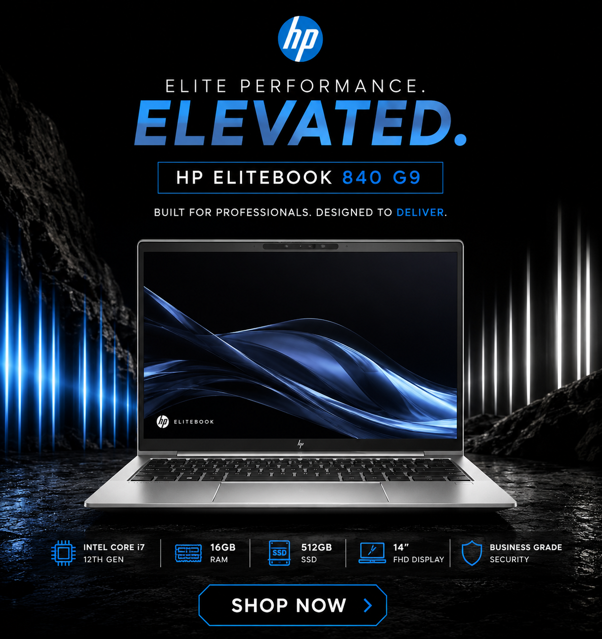 HP EliteBook 840 G9 promotional banner showing a silver laptop with blue wave graphics on a dark background and a 'Shop Now' CTA.] ,