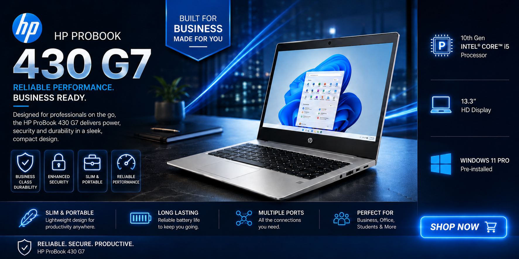 HP ProBook 430 G7 promo: silver laptop on a dark blue background with blue highlights and a 'Shop Now' CTA.