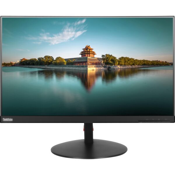 ThinkVision computer monitor shown from the front on a round stand, displaying a landscape scene with a paged edge design.