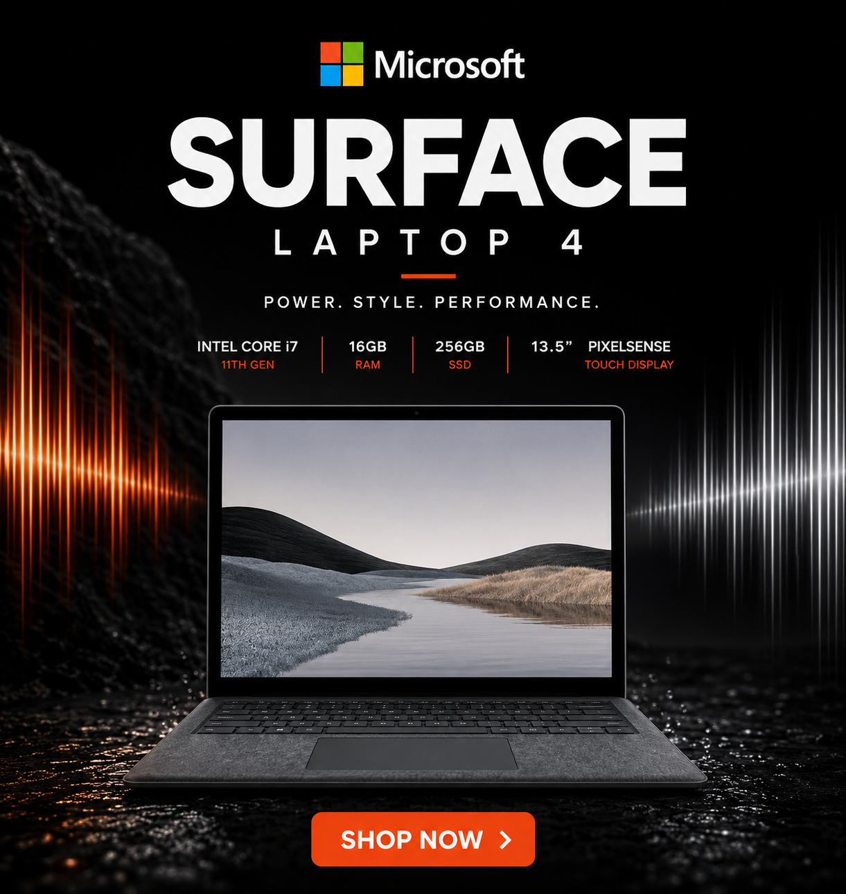 Microsoft Lapto 4 Microsoft Surface Laptop 4 promo poster with a dark background, large SURFACE text, and a bright 'Shop Now' button beneath a centered laptop image.