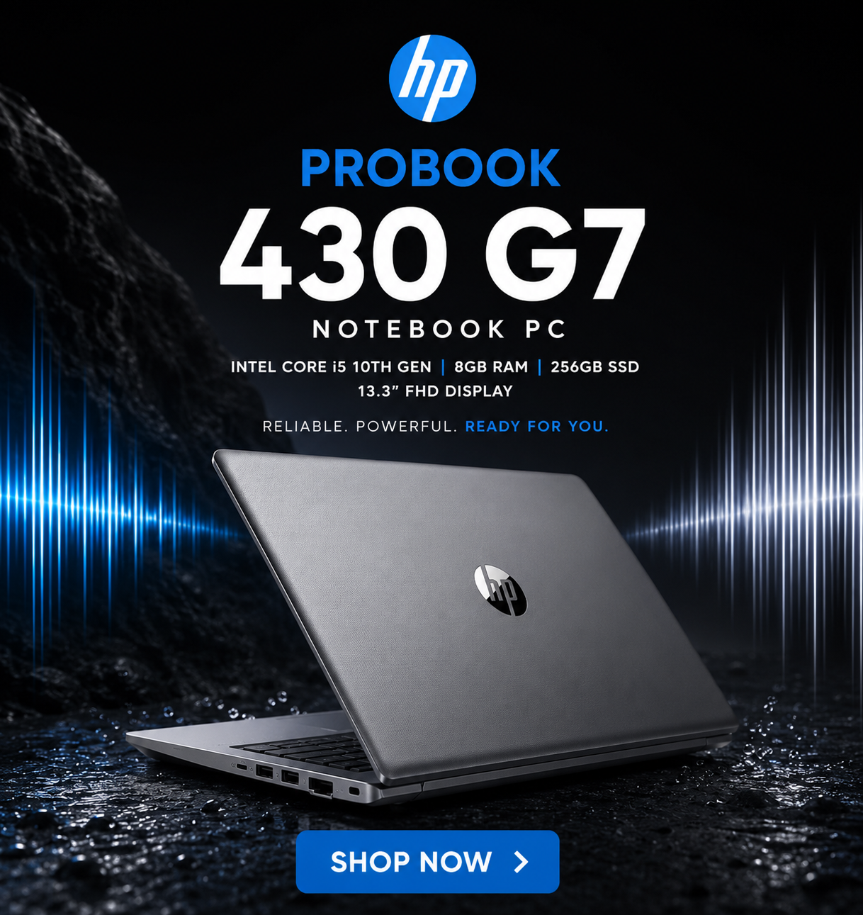 Probook 430 g7 HP ProBook 430 G7 promotional image showing a silver notebook and a prominent Shop Now button on a dark, tech-themed background.