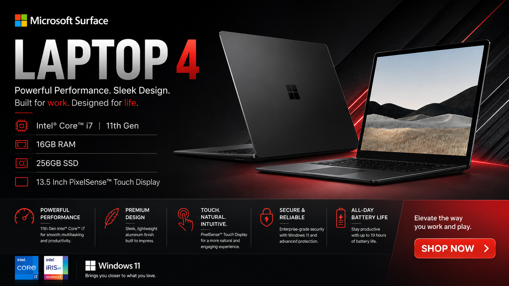 Promotional banner for Microsoft Surface Laptop 4 with two laptops, large 'LAPTOP 4' text, left spec list and dark/red theme.