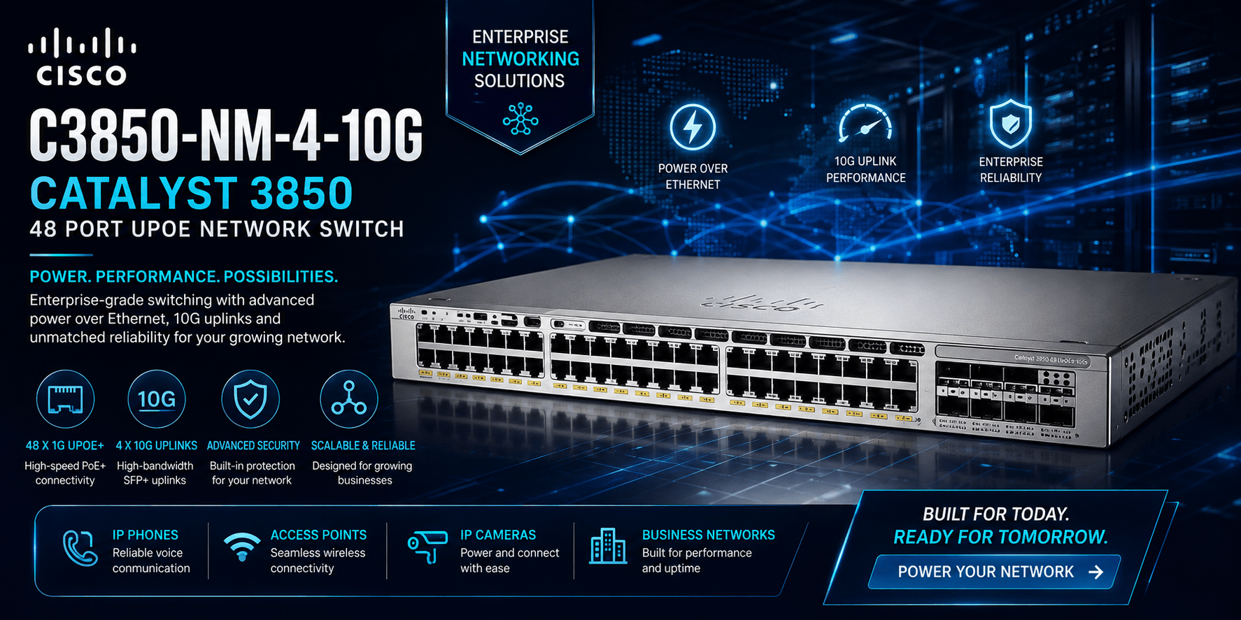 Cisco Catalyst 3850 48-port UPOE network switch on a blue, tech-themed banner highlighting enterprise networking solutions and features like power, performance, and reliability.",